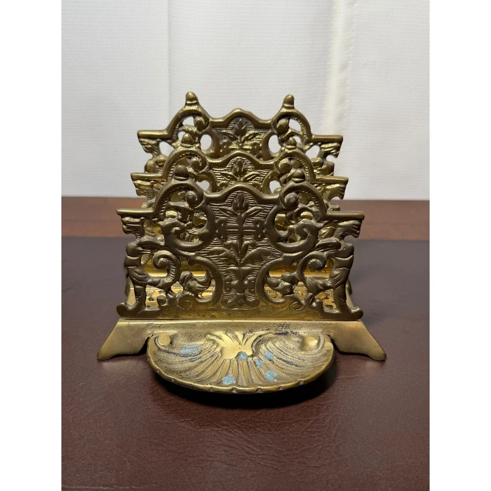 Vtg Solid Brass Letter Holder Mail Organizer Desk Art Nouveau Victorian Style - Picture 1 of 10